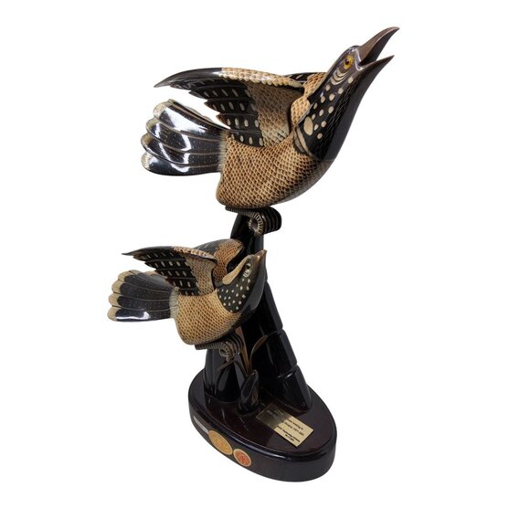 Vintage Hainan Natural Hand Carved Sculpted Twin Bird On A Log Of Ox Horn - Picture 5 of 9